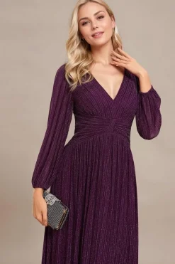 Robe de soirée longue violette manches longues
