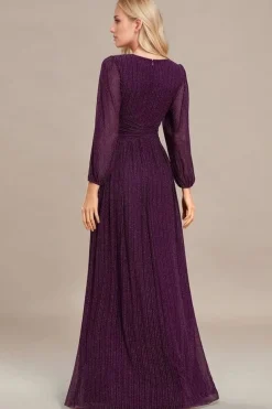Robe de soirée longue violette manches longues