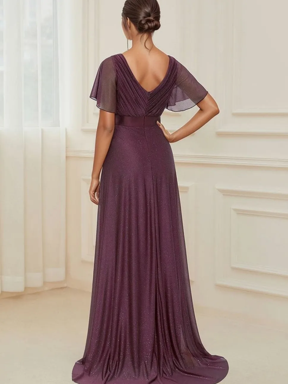 Robe de soirée longue violette scintillante