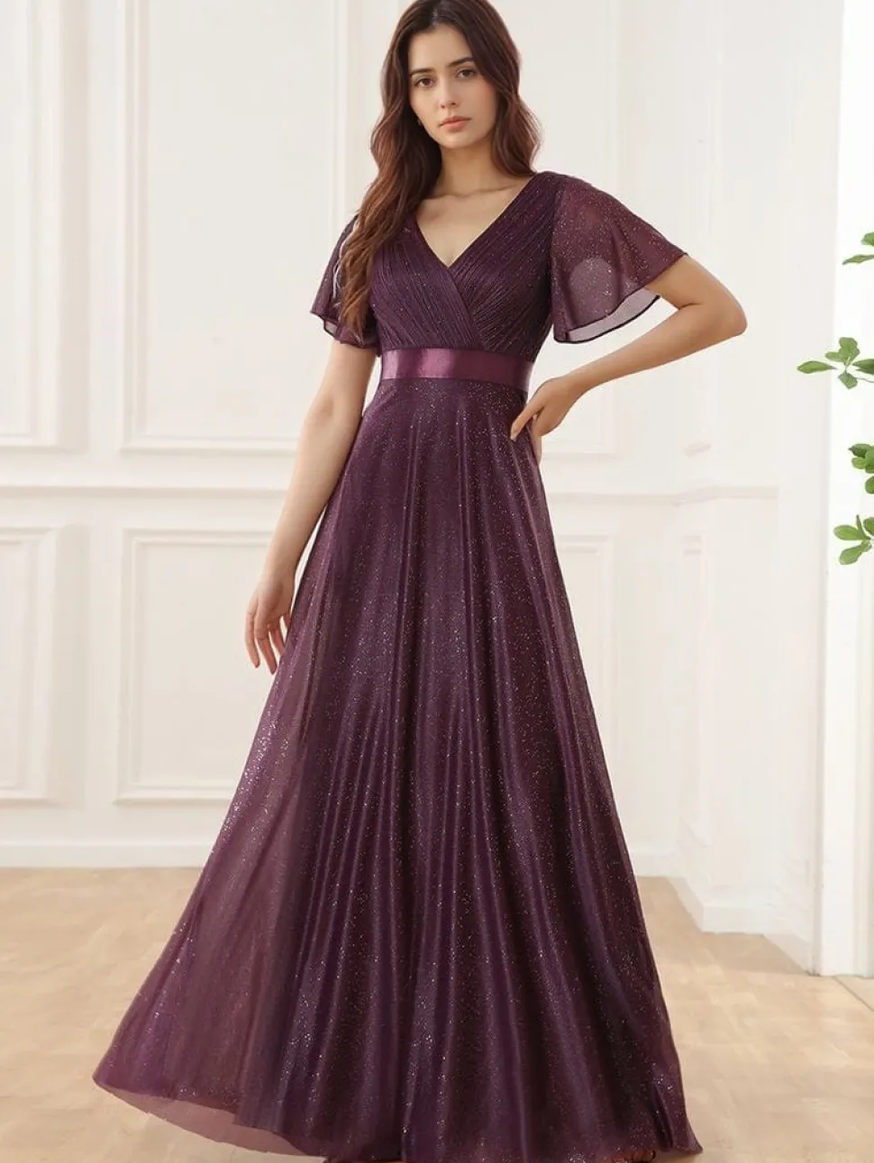 Robe de soirée longue violette scintillante