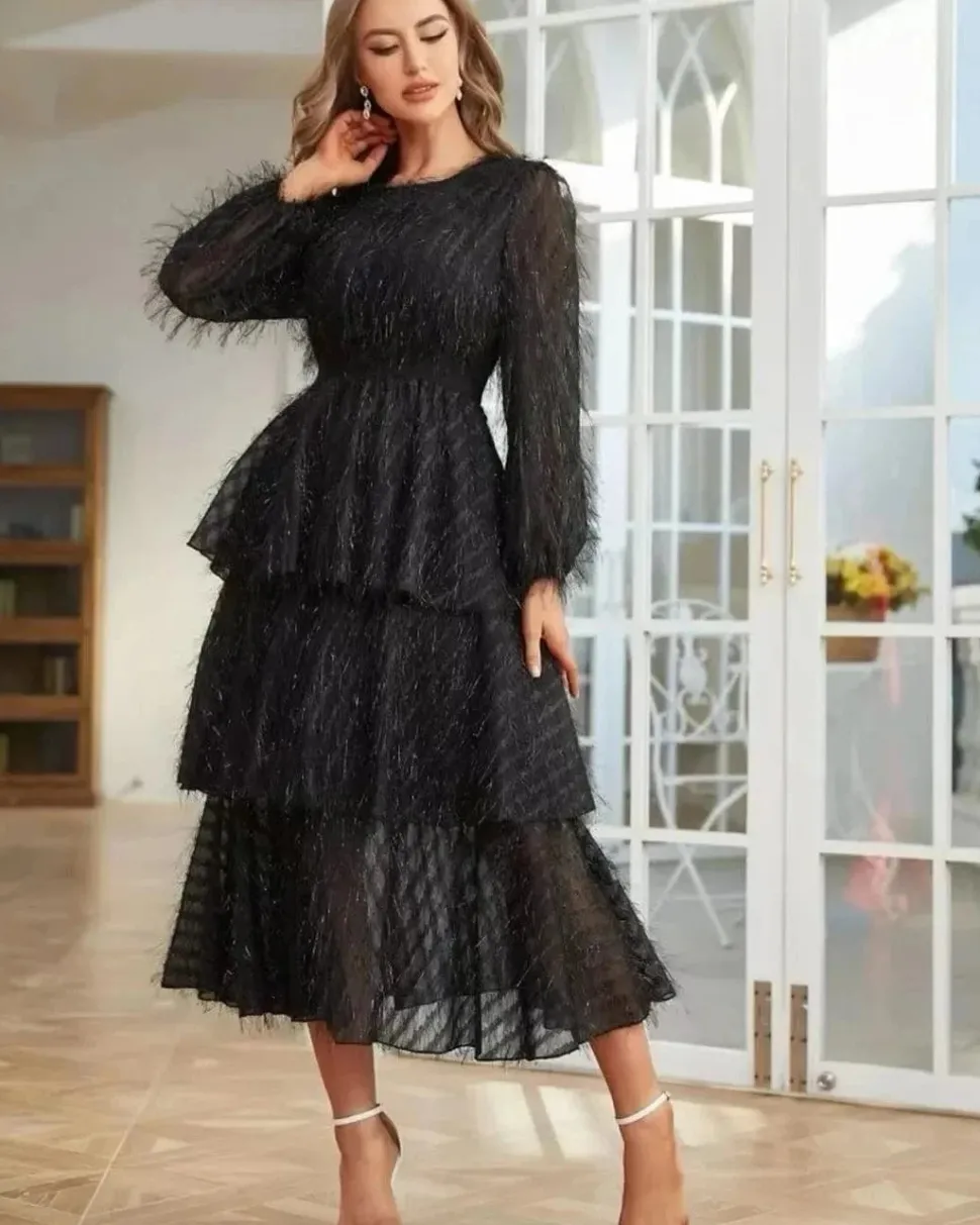 Robe de soirée manches longues col rond