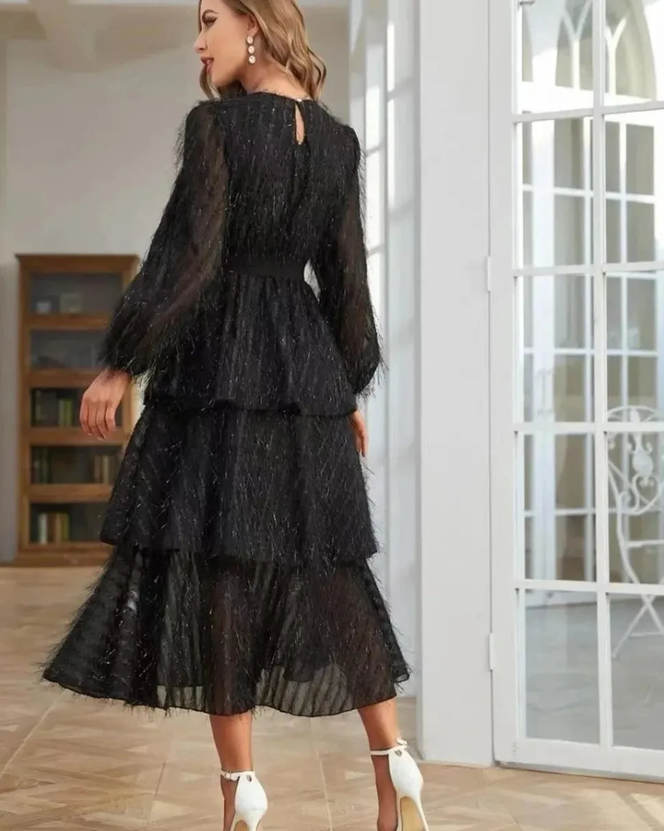 Robe de soirée manches longues col rond