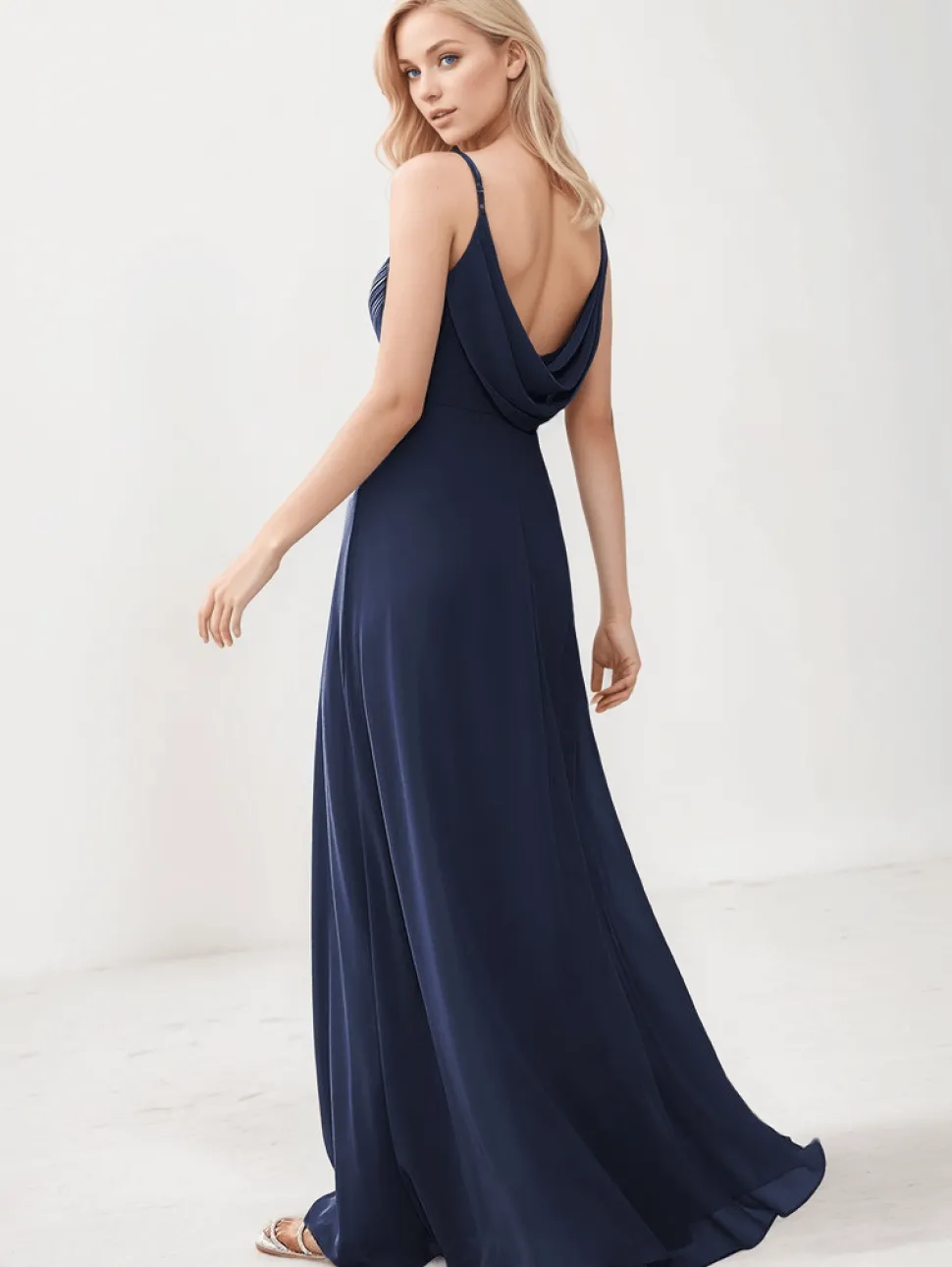 Robe de soirée mariage bleue marine longue fluide
