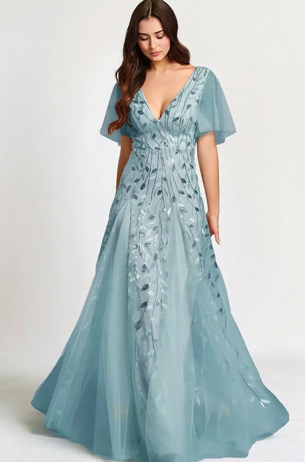 Robe de soirée mariage bleue manches courtes