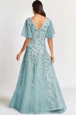 Robe de soirée mariage bleue manches courtes