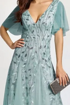 Robe de soirée mariage bleue manches courtes