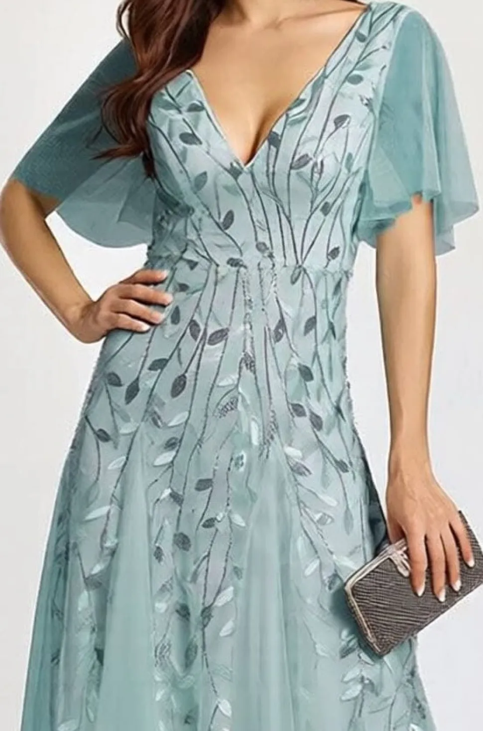 Robe de soirée mariage bleue manches courtes