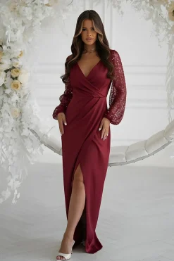Robe de soirée mariage bordeaux longue manches à paillettes