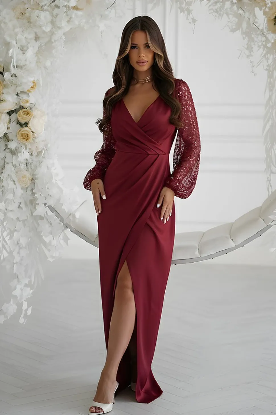 Robe de soirée mariage bordeaux longue manches à paillettes