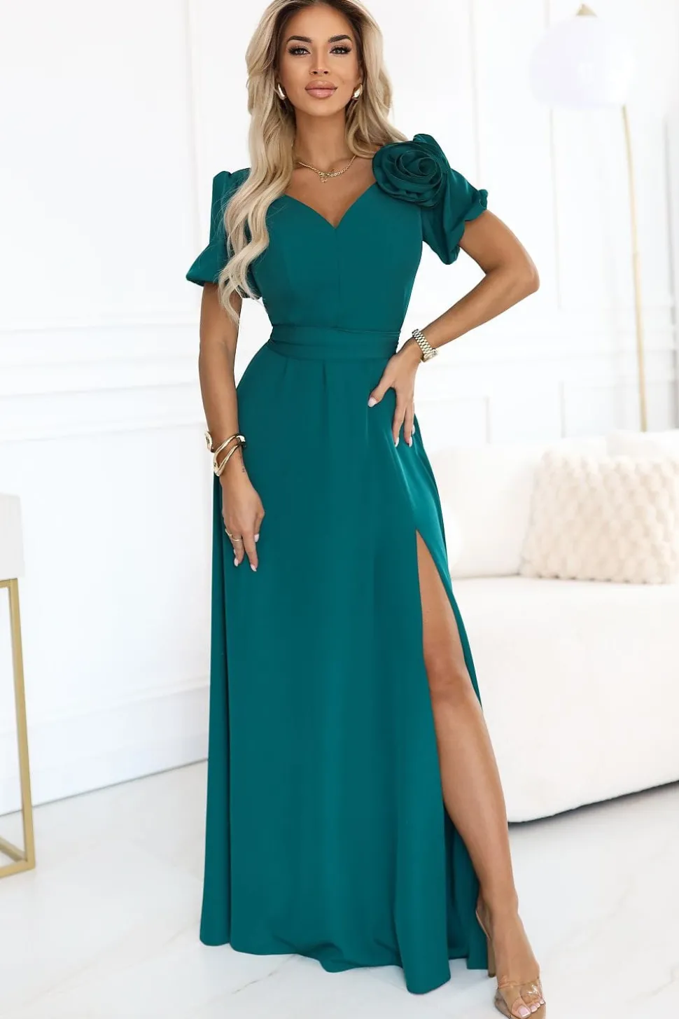 Robe de soirée mariage verte fendue