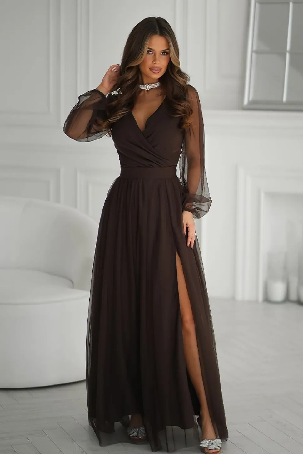 Robe de soirée marron longue fendue chic