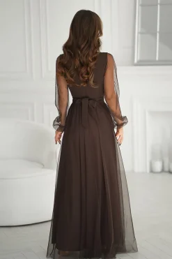 Robe de soirée marron longue fendue chic