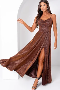 Robe de soirée marron longue fendue pailletée
