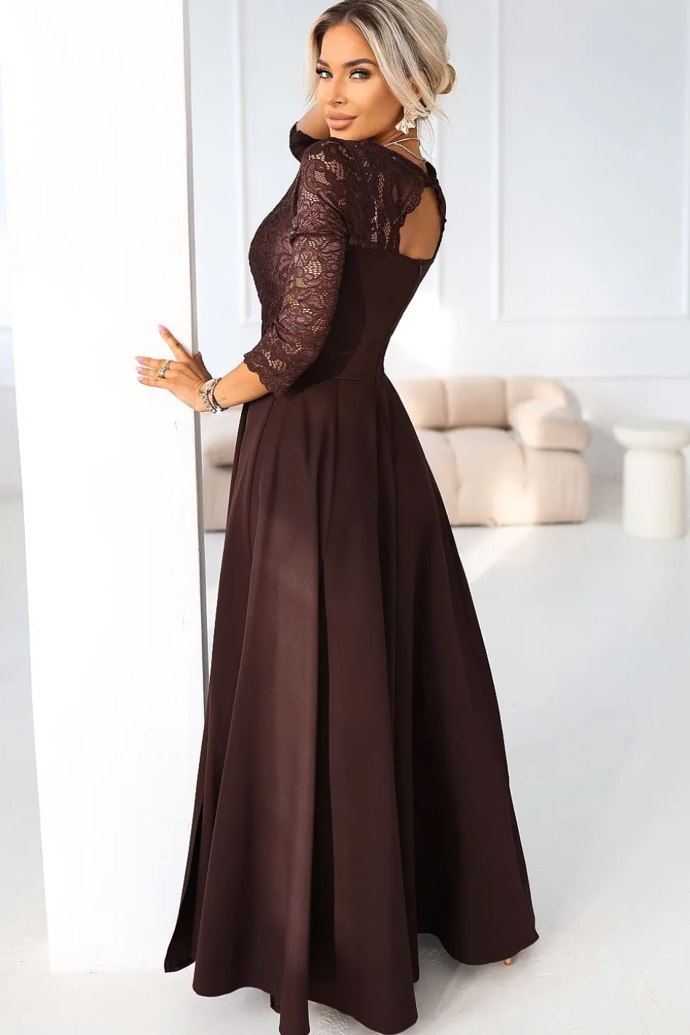 Robe de soirée marron longue haut en dentelle