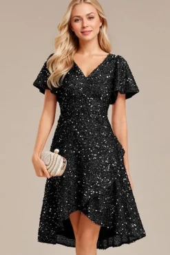 Robe de soirée noire asymétrique à sequins