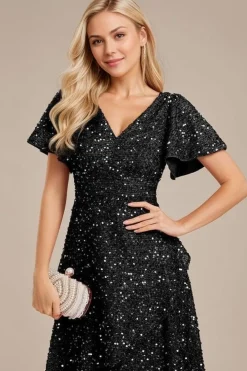 Robe de soirée noire asymétrique à sequins