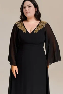 Robe de soirée noire grande taille manches longues évasées