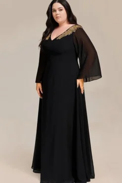 Robe de soirée noire grande taille manches longues évasées