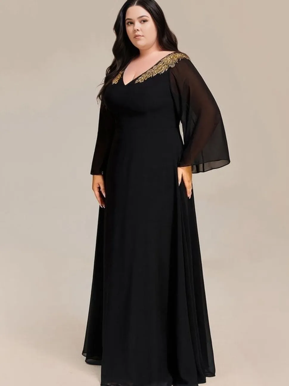 Robe de soirée noire grande taille manches longues évasées