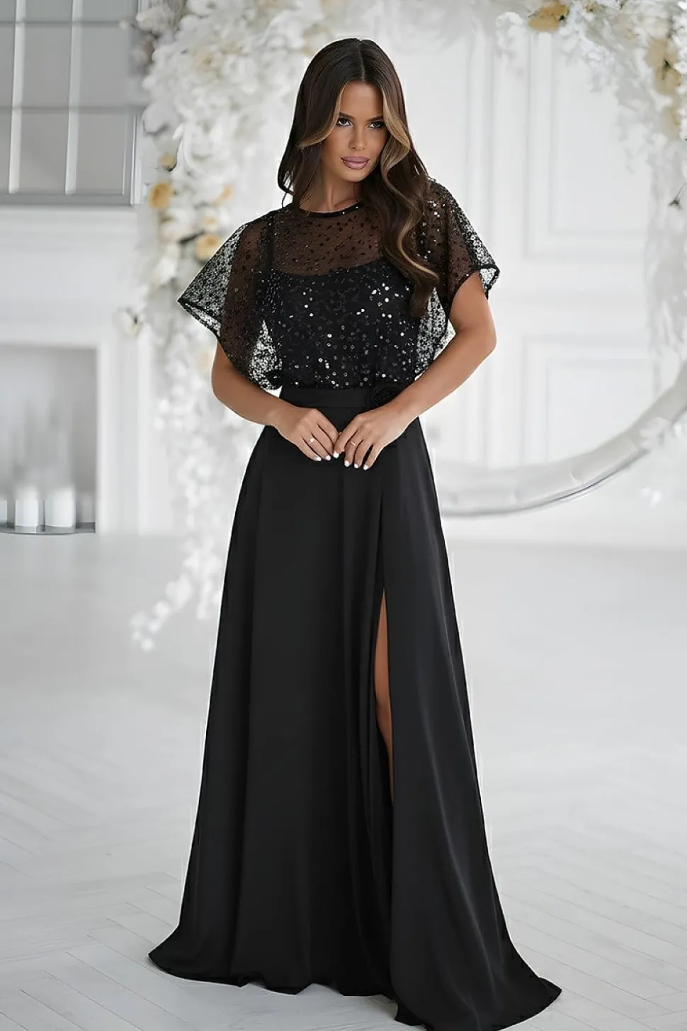 Robe de soirée noire longue avec boléro à sequins
