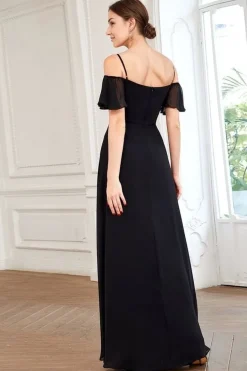 Robe de soirée noire longue fendue avec bretelles spaghetti
