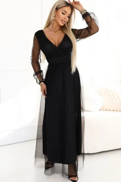 Robe de soirée noire longue jupe en tulle