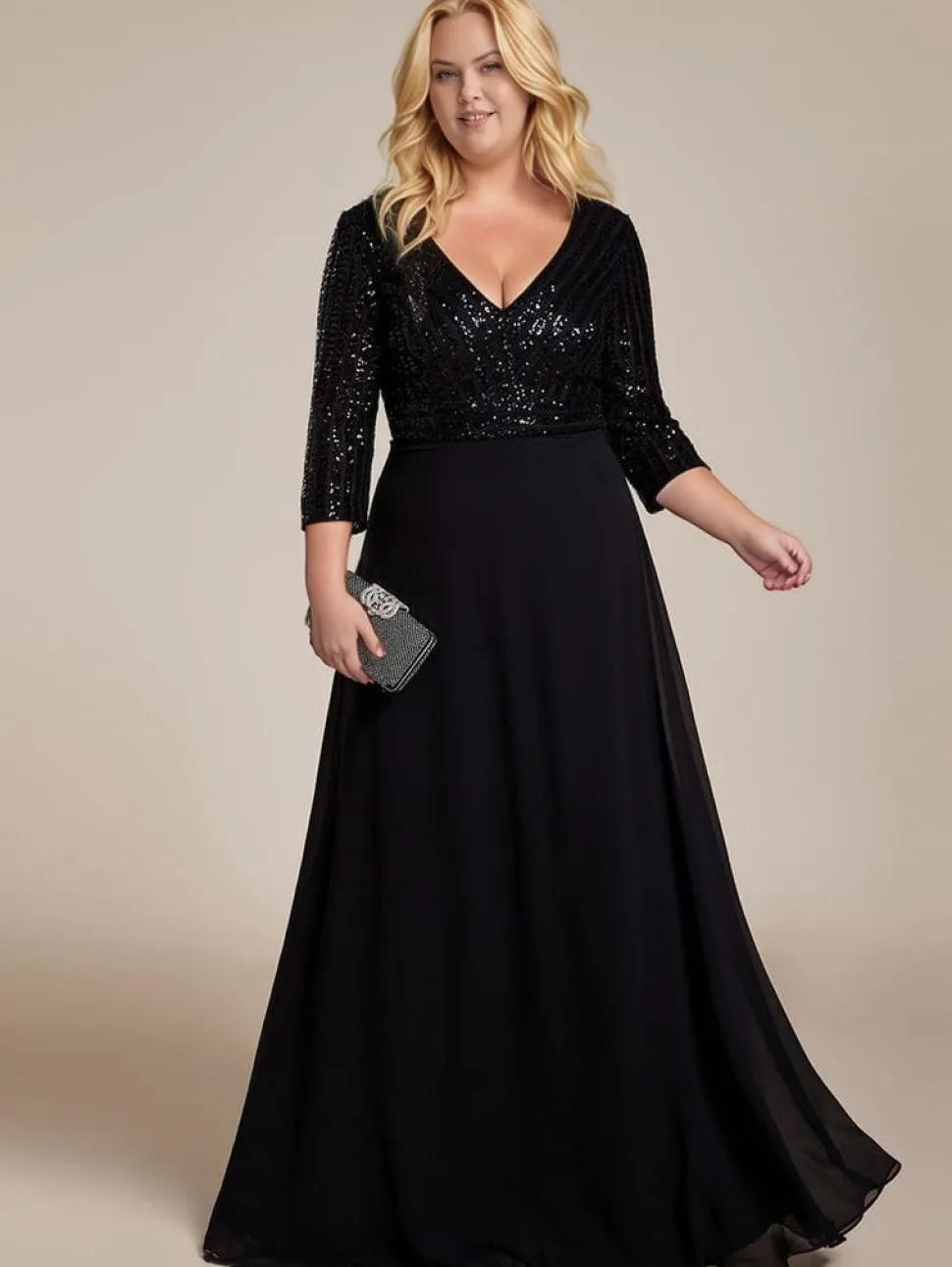 Robe de soirée noire longue à paillettes grande taille