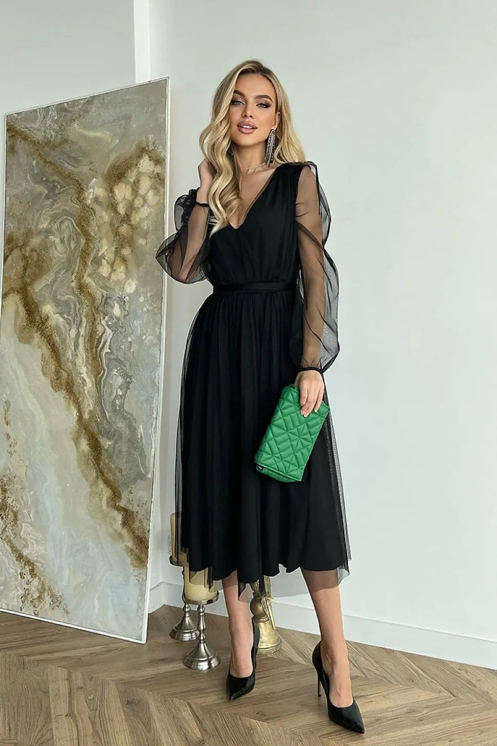 Robe de soirée noire midi manches longues