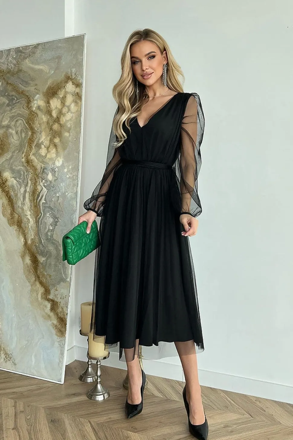 Robe de soirée noire midi manches longues