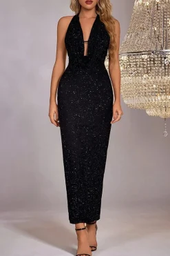 Robe de soirée noire midi sequin
