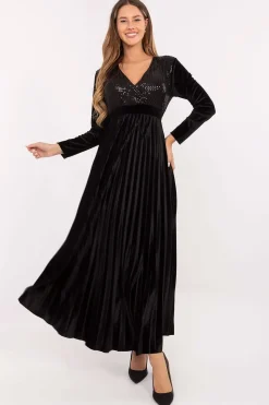 Robe de soirée noire plissée longue manches longues