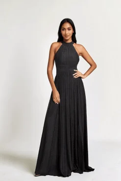Robe de soirée noire plissée pailletée à col licou