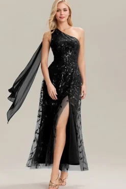 Robe de soirée noire une épaule avec fente