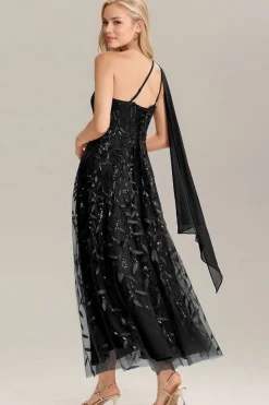 Robe de soirée noire une épaule avec fente
