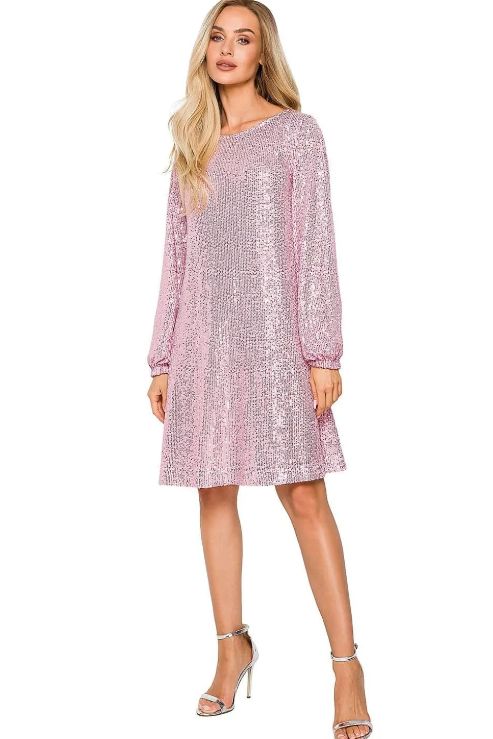 Robe de soirée paillettée rose manches longues