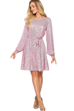 Robe de soirée paillettée rose manches longues