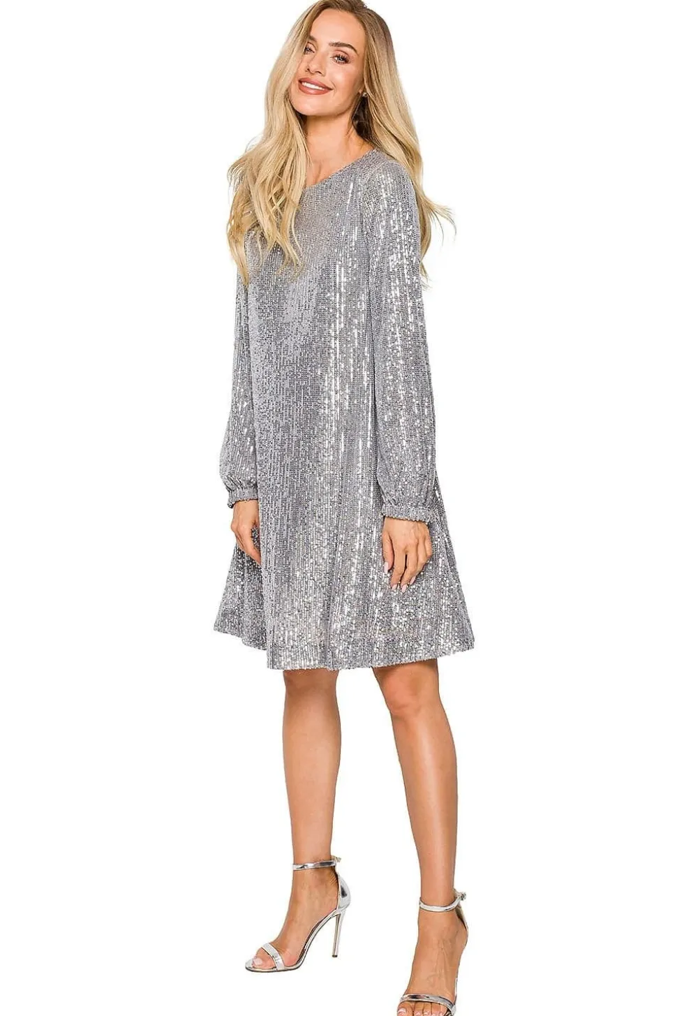 Robe de soirée à paillettes argentée manche longue