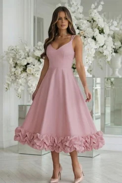 Robe de soirée rose midi chic évasée