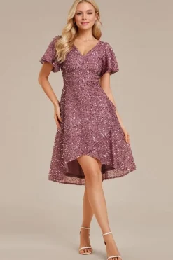 Robe de soirée rose à sequins manches courtes