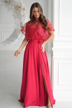 Robe de soirée rouge chic avec boléro à sequins