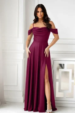 Robe de soirée scintillante longue fendue épaules nues