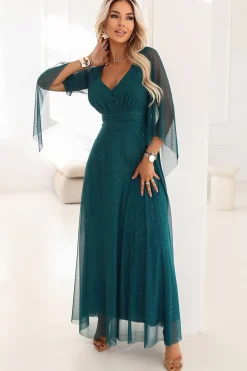 Robe de soirée sequin verte manches papillon