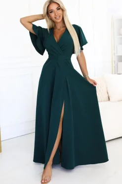 Robe de soirée verte chic longue fendue manches papillon