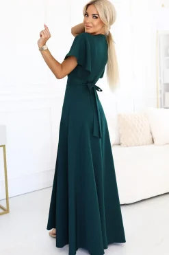 Robe de soirée verte chic longue fendue manches papillon