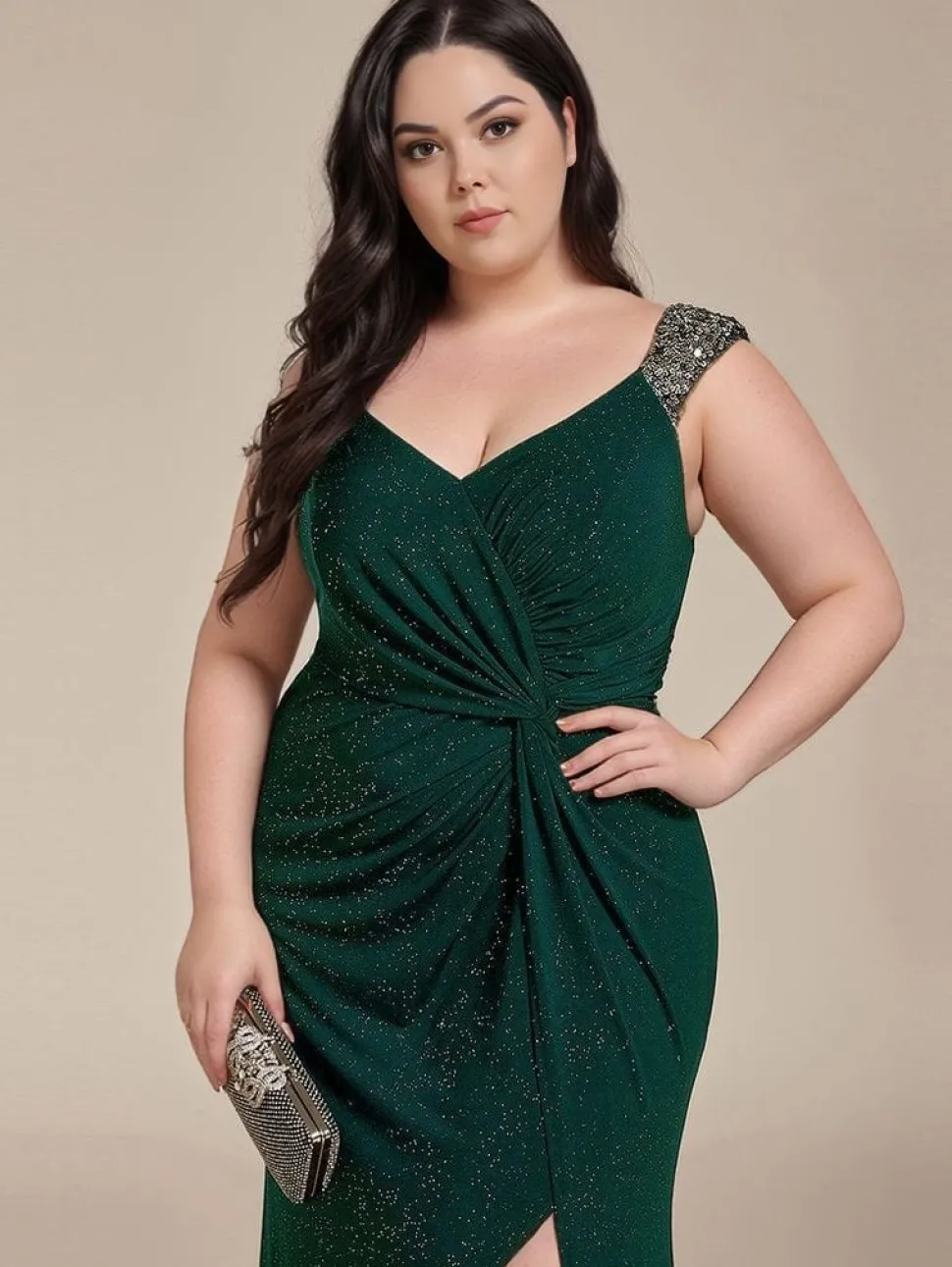 Robe de soirée verte fendue grande taille