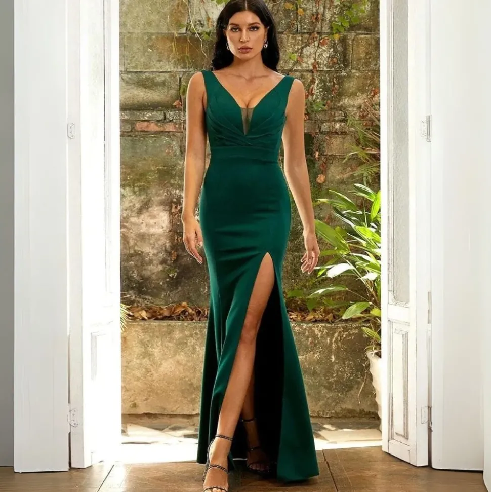 Robe de soirée verte fendue sexy longue