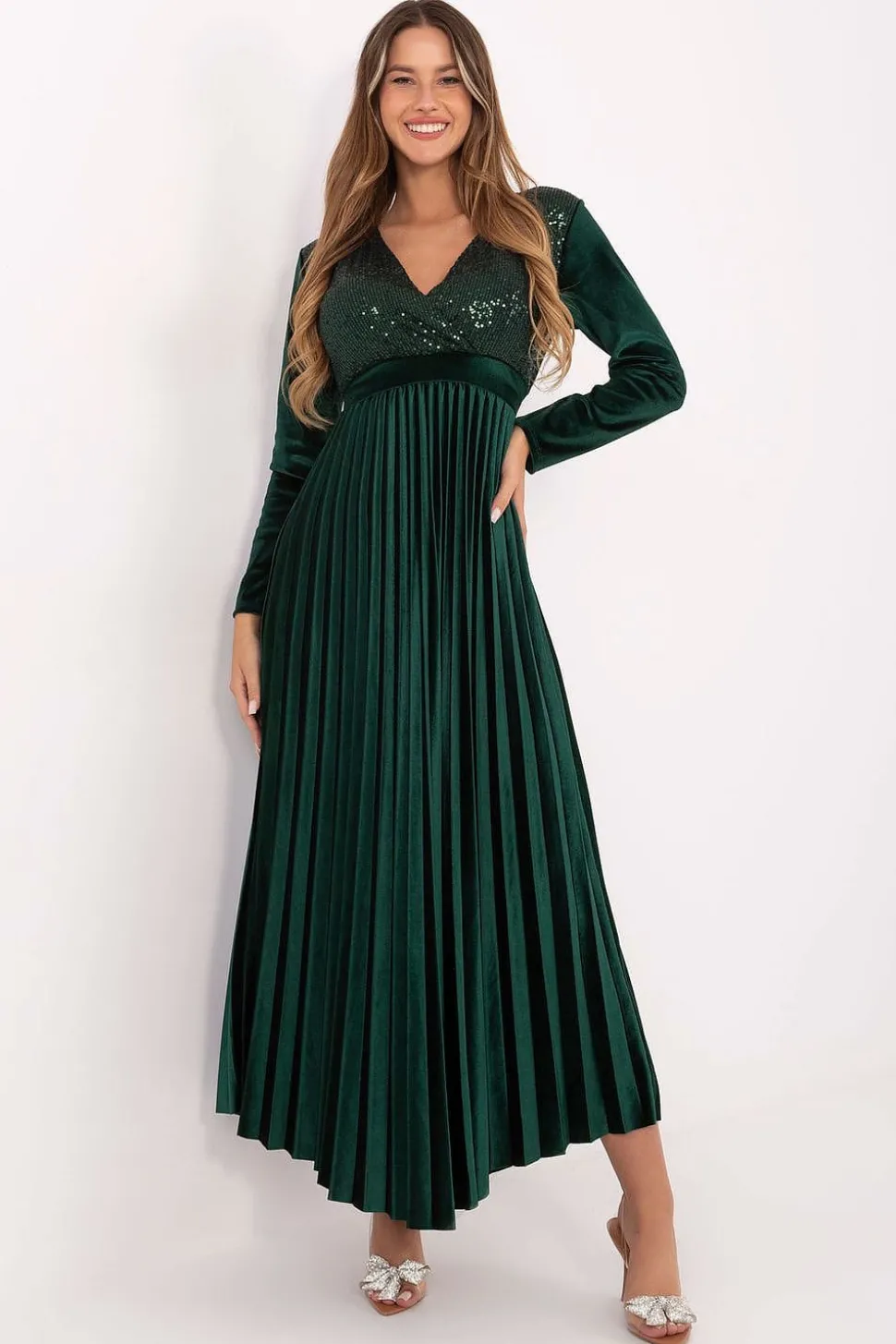 Robe de soirée verte longue chic plissée