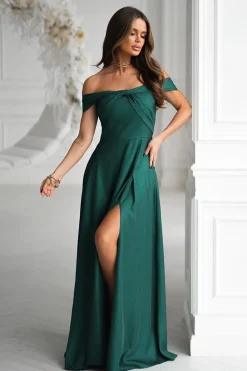 Robe de soirée verte longue fendue épaules dénudées