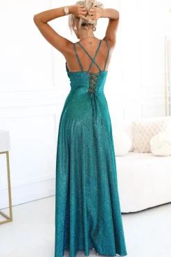 Robe de soirée verte longue fendue pailletée