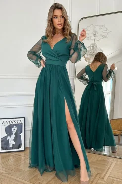 Robe de soirée verte longue manches longues en tulle